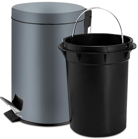 TIENDA EURASIA - Papelera de Baño con Pedal, Papelera Oficina con Cubo Extraible, Papelera Escritorio Fabricada en Acero Inoxidable, Papelera de 3l, Cubo de Basura de ø17 x 25 cm (Gris Oscuro)