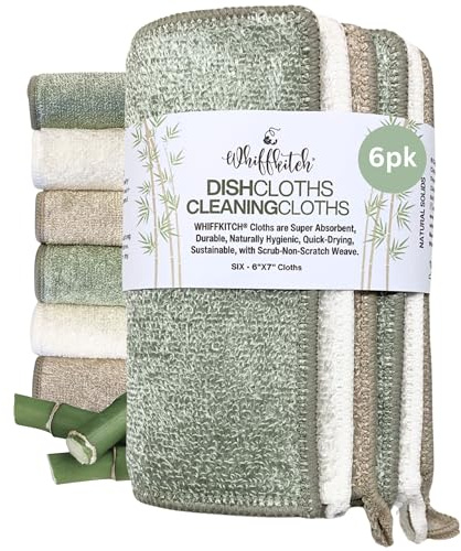 Whiffkitch Dishcloths Dishrags for Kitchen and Household Cleaning 6x7 6-Pack Non-Scratch 2-Ply Weave, Rayon Derived from Bamboo, Absorbent, Washable, Long-Lasting