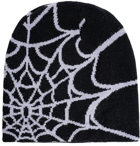 hoyuwak Goth Beanie Mütze Winter Strick Warme Grafik Spinnennetz Katze Ohr Kappe für Damen Herren Weihnachten Festival Rave, Schwarz, Einheitsgröße
