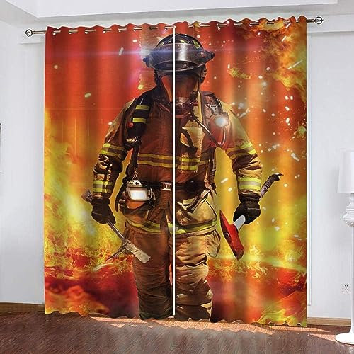 Gardinen Blickdichter 3D Curtain Feuerwehr 183cm lang 116cm Breite 2Er Set Vorhang Verdunkelung Mit Ösen Für Schlafzimmer Wohnzimmer