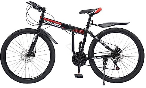 26 Zoll Mountainbike Klapprad Mountainbike Vollfederung Scheibenbremse Adult Bike 21 Speed Dual Disc Brake All Mountain Bike für Jungen, Mädchen, Frauen und Männer (Schwarzes und rotes Bannerrad)