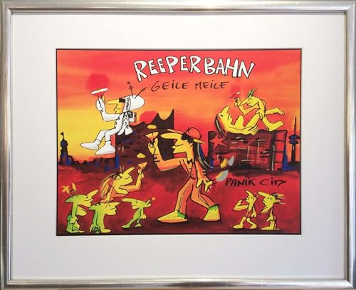 Kunstverlag Christoph Falk Reeperbahn-Geile Meile - UDO Lindenberg Bild - handsignierte Auflage original Grafik im silberfarbenem Rahmen hinter Museumsglas. Likörell. Siebdruck.