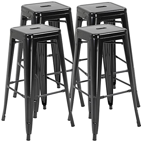 HOMCOM Set 4 Sgabelli Bar Impilabili con Poggiapiedi, Sgabelli Cucina Alti in Metallo, Sedie Bar Alte Stile Industriale per Penisola, Cucina, Sala da pranzo, 43x43x76 cm, Nero