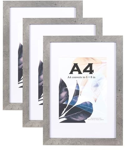 Scholar Tree Holz-Bilderrahmen A4 mit Passepartout, 3er-Set, Posterrahmen, Zertifikatrahmen, Freistehend und zur Wandmontage, Zementgrau