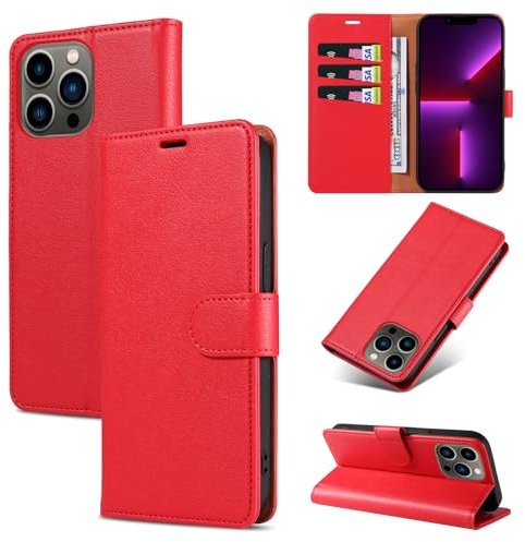 KKEIKO Handyhülle für iPhone 13 Pro Hülle, Magnet Klappbar Handyhülle mit Kartenfach, PU Leder Stoßfest Schutzhülle für iPhone 13 Pro, Rot