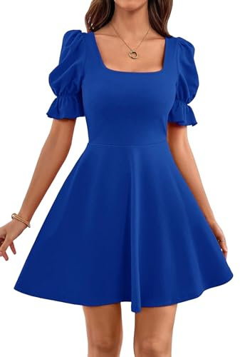 GORGLITTER Women's Summer Square Neck A Line Mini Dress Puff Sleeve Plain Elegant Casual Skater Dresses Blue L