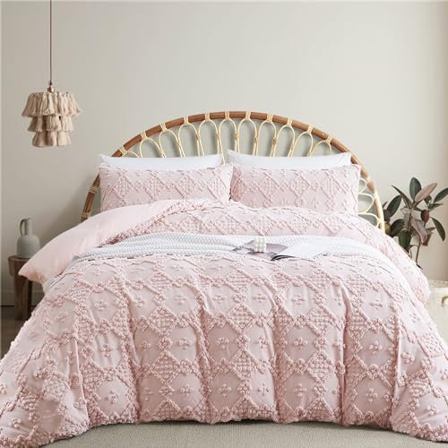 Tospass Bettwäsche 200x220 cm Stickerei Getuftet Rosa Boho Bettwäsche Set mit Handgemacht Vintage Bettbezug Shabby Chic Gewaschene Mikrofaser 1 Deckenbezug mit Reißverschluss 2 Kissenbezug 80x80cm
