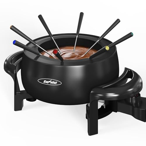 Sunvivi 3 Quart Electric Fondue Pot Set for Melting Chocolate Cheese with Adjustable Temperature Control and 8 Color-Coded Forks, 1000W Non-Stick Fondue Maker for Dessert, Oil and Broth