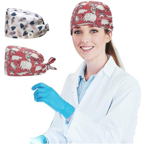 Siribelle 2 Stück Op Hauben Damen Herren Langhaar Op Haube Verstellbar 100% Baumwolle Arbeitskappe für Krankenschwester Zahnärztin mit Knopf Weiß und Rot