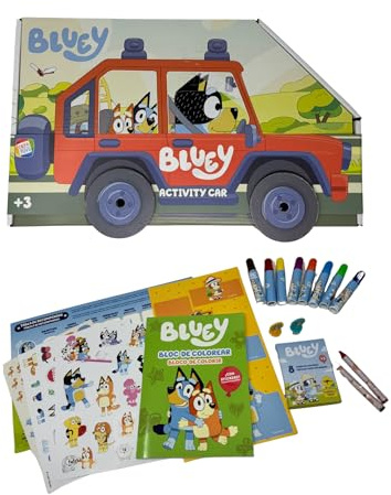Cefa Toys - Activity Car der Familie Heeler, 8 Mini-Marker, 8 Farben, 2 Stempel, Stickers, Poster, 20 Seiten zum Ausmalen, bewegliche Räder, geeignet ab 3 Jahren.
