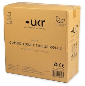 UKR 1-ply Jumbo Toilet Roll Paper White - 8 x 250m Mega Rolls - Large Toilet Paper Loo Roll for Domestic, Commercial or Industrial Use - Bulk Toilet Rolls in Classic Style - Bulk Buy Toilet Roll
