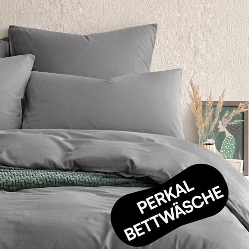 Seralino Bio Perkal Bettwäsche 135x200 Dunkelgrau| 100% Bio Baumwolle Bettwäsche Perkal 135x200 inkl Kopfkissenbezug 80x80| weiche Bettwäsche Stonewashed | mit Reißverschluss