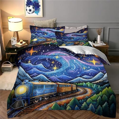 aaaaab Bettwäsche-Set mit Zugmotiv, 3D-Bettbezug-Set, 3-teilig, weiches Bettwäscheset mit Kissenbezügen, Kingsize (220 x 240 cm),