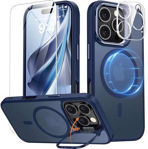 Oterkin Magnetic & Stand for iPhone 16 Pro Case with 9H Screen & Lens Protector[Fit for Magsafe][Metal KickStand][Colorful Frame] Translucent Matte Back Slim Shockproof Phone Case for iPhone 16 Pro