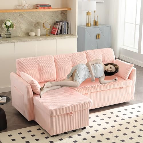 YESGIGA Sofá cama multifuncional con espacio de almacenamiento y cama nido, sofá convertible chaise longue modular L (rosa)