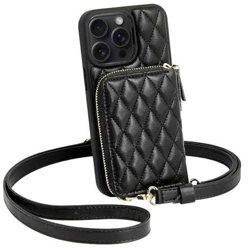 CUSTYPE For iPhone 16 Pro Max Case with Strap, Wallet & Kickstand, Black Leather, 6.9 Inches