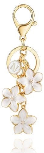 XGALBLA Bianco/Rosa/Nero Grande Fiore Carino Iniziale Portachiavi Lettera per Le Donne, Fiore Fascino Borsa Smaltato Portachiavi Borsa Borsa, White-n, Small