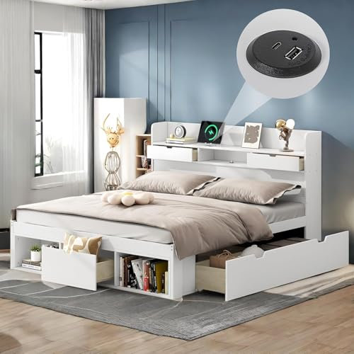 Sapgaks Lit Coffre 140x190 avec tiroirs USB et Espace de Rangement au Bout,lit 1 Personne 140x190 avec sommier et Espace de Rangement et sommier à Lattes,Cadre de lit Adulte,Blanc