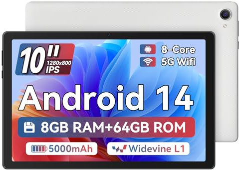 Tablette Android 14, Tablette 10 Pouce Processeur Octa-Core, 8GB+64GB(TF 1TB), 1280 x 800 HD IPS Tablette Wi-FI 6 Model/Widevine L1/5000mAh/Double Caméra/Identification Faciale Tablette PC - Blanc