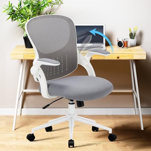 COLAMY Bürostuhl mit gepolsterter 90° hochklappbarer Armlehne, Lendenwirbelstütze, höhenverstellbarer ergonomischer Schreibtischstuhl, drehbarer Computerstuhl, bequemes Sitzkissen, Weiß