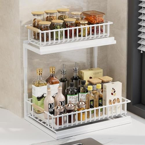 Ventouse Unter Waschbecken Regal Küchenschrank Organizer: Ausziehbarer Küchenregal L-Form Doppelschubladenkorb Küchen Organizer Unterschrank Organizer für Küche Badezimmer (White)