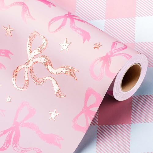 Wikadlik Süßes Geschenkpapier, rosa Schleife und kariertes Design, wendbar, Geschenkpapierrolle für Valentinstag, Muttertag, Hochzeit, Geburtstag, Weihnachten, 43 cm x 10 m