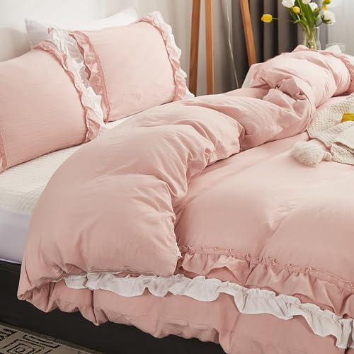 Wotcsil Set Copripiumino Singolo 140 x 200 cm Rosa con Volant Biancheria da Letto per Donne Ragazze con 1 x Copripiumino 140x200cm e 1 x Federa 65x65cm in Microfibra