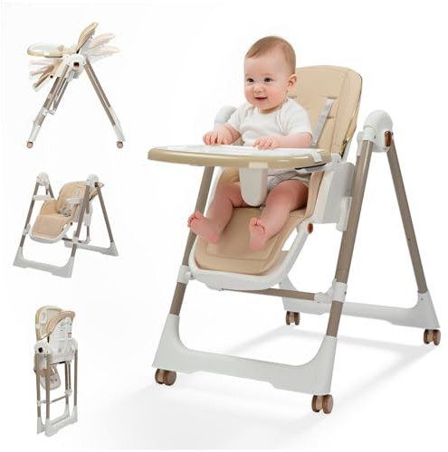 LEADZM Chaise Haute Bébé Pliable, Transforme en Berceau, 6 Hauteurs Réglables, Plateau Double Amovible, avec Roulettes Pivotantes, Charge Maximale 15 kg, Convient aux Bébés de 6 à 36 Mois (Beige)