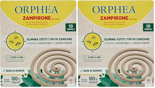 Orphea, Spirali ad Azione Insetticida e Zanzaricida, Adatto per Ambienti Aperti e Semiaperti, in Fibre 100% vegetali, Efficaci fino a 4 ore, Confezione da 20 Spirali