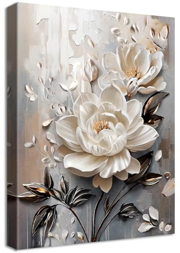 Cadre en Bois Impression sur Toile Fleurs Blanches 3D Tableau Affiche Decoration Murale Fleurs Roses Beige et Grises Image sur Toile Fleurs épanouies Tableau Decoration Murale Salon Chambre 40x60cm