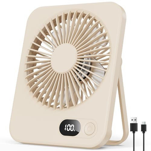 LUXVANO USB Desk Fan - Mini Portable Fan with 5 Speeds, 180° Rotation, 2.75-8H Use, LED Display, Ultra-Slim 3.8cm Small Table Fan Rechargeable, Low Noise, for Travel, Home, Office, Makeup, Beige