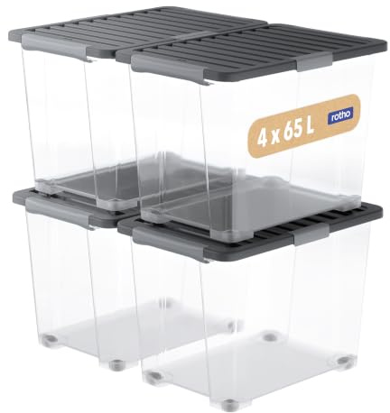 Rotho Core Pro Aufbewahrungsbox mit Deckel 65 L 4er Set groß mit Rollen | Aufbewahrungsboxen, luftdichte Aufbewahrungsbox mit Dichtung, stapelbar, große Rollbox als Lagerbox für Keller und Dachboden