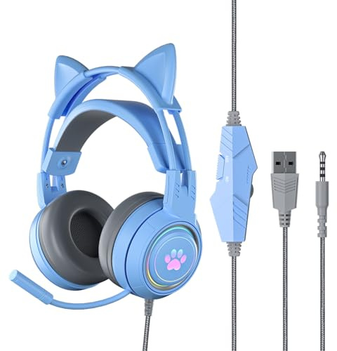 SY-G25 Wired Headphone Lighting Omni-directional Mic Over-Ear Computer Headphone with Cute Cat Ear for E-sport Blue