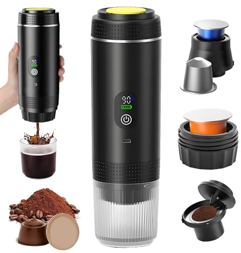 BIZOI Tragbare Espressomaschine, 3-in-1 Akku Kaffeemaschine, Mini Kaffeemaschine für Unterwegs mit USB & Display, Kompatibel mit Kapseln Gemahlenem Kaffee für Auto, Camping, Reisen & Büro