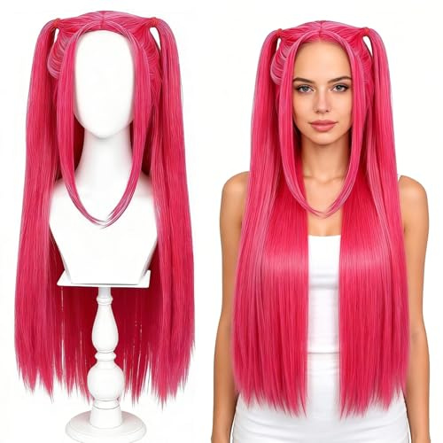 Perücke mit doppeltem Pferdeschwanz, extra lang, 95 cm, Hot Pink, hitzebeständige Kunstfaser, für Cosplay und Halloween