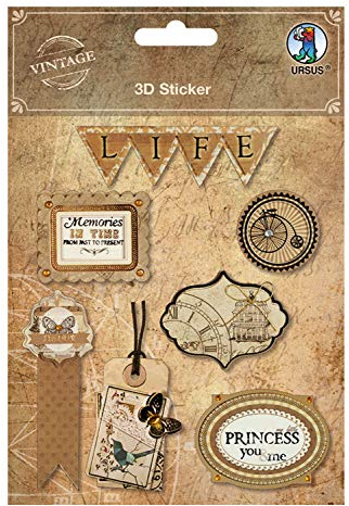 Ursus 40540001 - 3D Sticker Life, Vintage Design, verschiedene Motive in dreidimentionaler Optik, selbstklebend, ideal zum Dekorieren von Karten, Scrapbooking und Geschenken