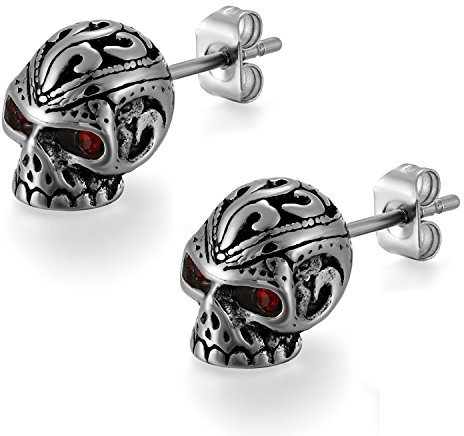 Flongo Boucles d’Oreilles Acier Inoxydable Charme Zircon Tête de Mort Crâne Fantaisie Clous d’Oreilles Gothique Rouge Yeux pour Homme