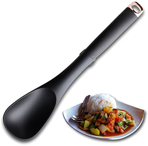 Nonstick Slotted Basting Spoon Utensil - Hard Wearing Black Nylon, Rose Gold Handle Hanger. Heat Resistant to 210°C. Unique Integrated Tool Rest for Extra Hygiene. Taylors Eye Witness