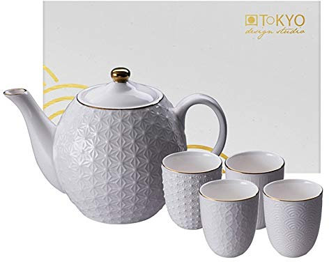 TOKYO design studio Nippon White Service à thé blanc 5 pièces avec bordure dorée 1 théière Stars 1,3 l et 4 tasses à thé de 160 ml en porcelaine asiatique design japonais avec emballage cadeau