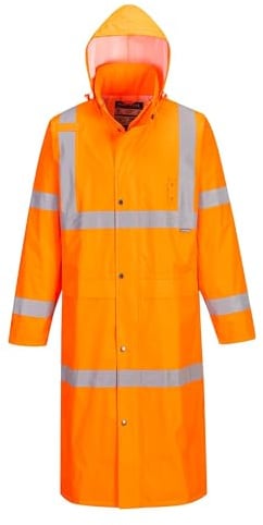 Portwest H445 Men's Waterproof Hi Vis Raincoat - Reflective Lightweight Long Rain Jacket with Hood Safety Workwear ANSI Class 3 Orange, Large