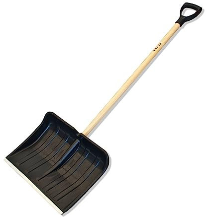 Pala da neve con testa in plastica su manico in legno con impugnatura in plastica a forma di D, pala da neve con bordo protettivo in acciaio, 140 cm, colore nero