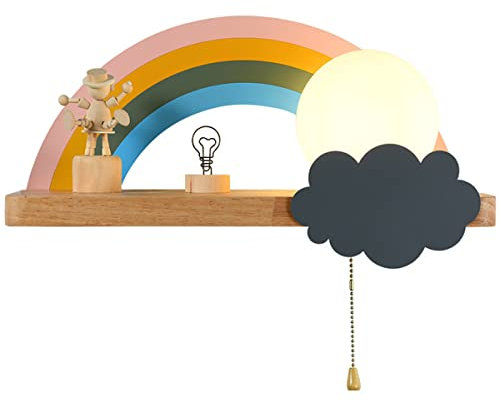 OOWOKS Wandleuchte Kinderzimmer Wolke Wandlampe Mit Zugschalter Schlafzimmer Nachttischlampe Mit Holzregal Rund Milchglas Lampenschirm E27 Madchen Junge Kinderzimmer Wandspot Lampe Deko