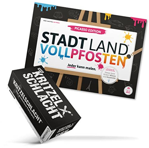 DENKRIESEN KREATIV Pack - PARTYFIEBER KRITZELSCHLACHT + Stadt-Land VOLLPFOSTEN Picasso Edition | Partyspiele | Familienspiele | Geschenkidee | Kritzeln