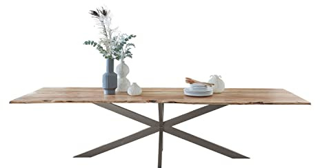 SAM Esstisch Kalea 260x100 cm Akazie Natur/Spider-Gestell Silber | massiv, Akazienholz naturfarben, Tischplatte 26 mm, Baumkantentisch, Esszimmertisch, Metallgestell, Industrial-Design