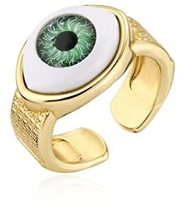 ITVIP Damen Evil Eye Ring Kupfer vergoldet 18 Karat Gold Stereo Gold Ring Amulett Griechisches Auge Religiöser Schmuck Geschenk Öffnung verstellbar (11139E)