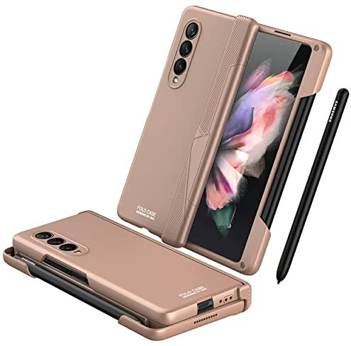 COQUE Galaxy Z Fold 3,Étui Tout Compris Pliable à charnière avec Stylo capacitif, Fente pour Stylo, de téléphone Pliable pour Samsung Galaxy Z Fold 3 5G-Or Rose