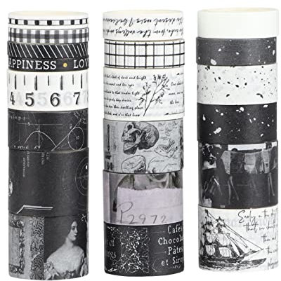 LGEGE 20 Rollen Washi Tape Set, 25/20/15/10/5 mm breit, Schwarz & Weiß, Gothic Vibe Element, Abdeckband Dekor für Scrapbook, DIY Handwerk, Scrapbooking, Geschenkverpackung, Tagebuch, Planer
