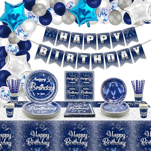 Décorations d'anniversaire bleu marine et argent pour homme et femme, comprend une bannière Happy Birthday, une nappe, des assiettes, des serviettes, des tasses, pour 20 invités (B)