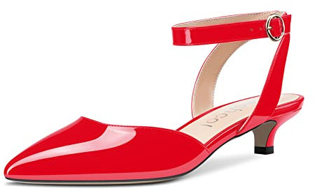 Donna Gattini Basso Tacco Heel Chiusa a Punta Pumps Cinturino alla Caviglia Slingback Fibbia Sandali da Matrimonio Ufficio Cute Classico Scarpe Rosso Verniciata 39 EU