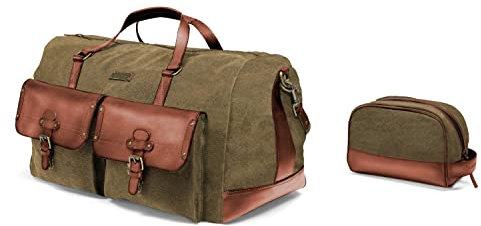 DRAKENSBERG Set/2 Reisetasche 'Steve' & Kulturbeutel 'Glen' - Weekender Herren, Damen mit passender Kulturtasche, Canvas, Leder - Oliv-Grün, DR-SET-901